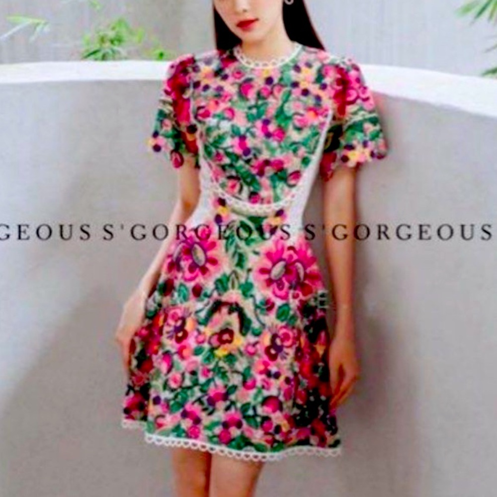 ASHLEY- Puff-Sleeve Floral Print Lace Trim A-Line Dress